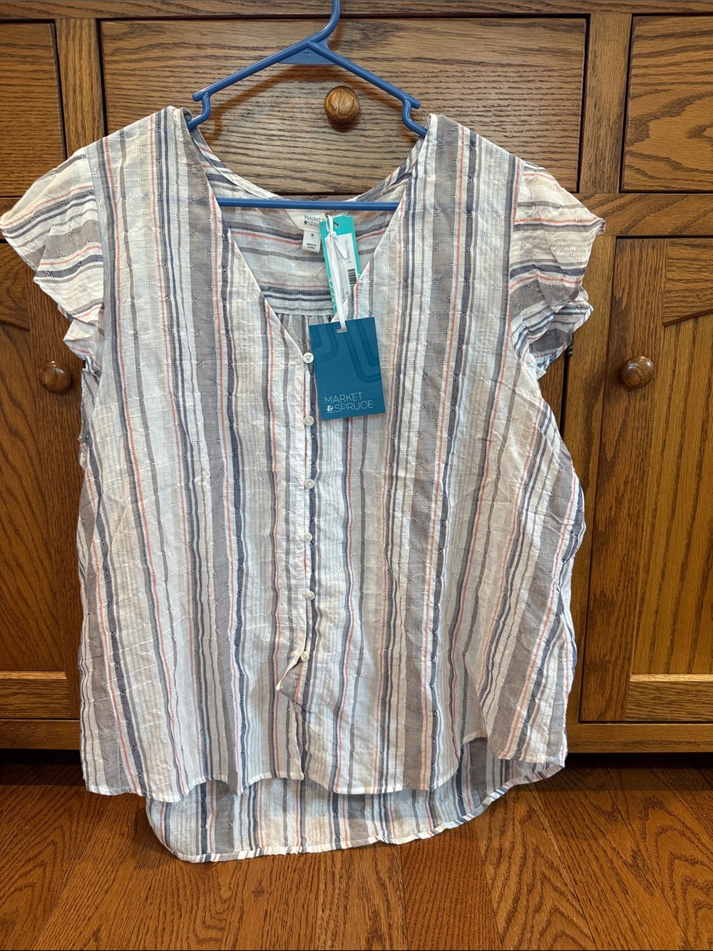 Market & Spruce Lightweight Striped Button-Front Blouse in White, Blue and Rust